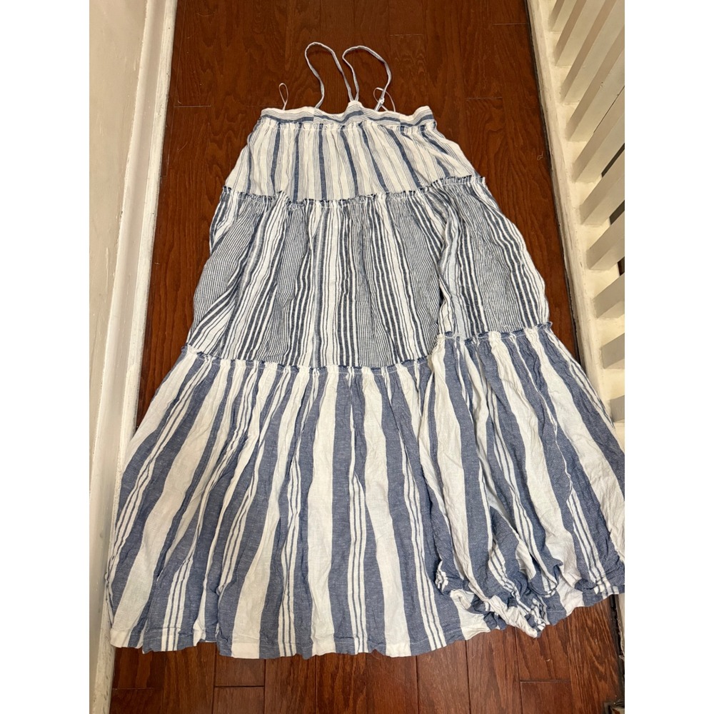 J.Crew Blue White Striped Tiered Linen Blend Maxi dress Medium boho
